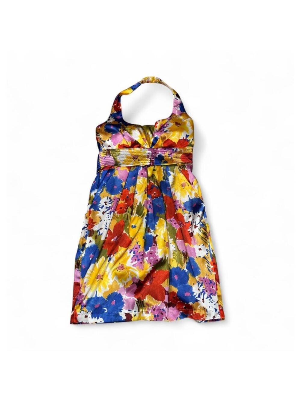 Bisou Bisou Satin Halter Mini Dress 6 Floral Pockets Shift garden party colorful